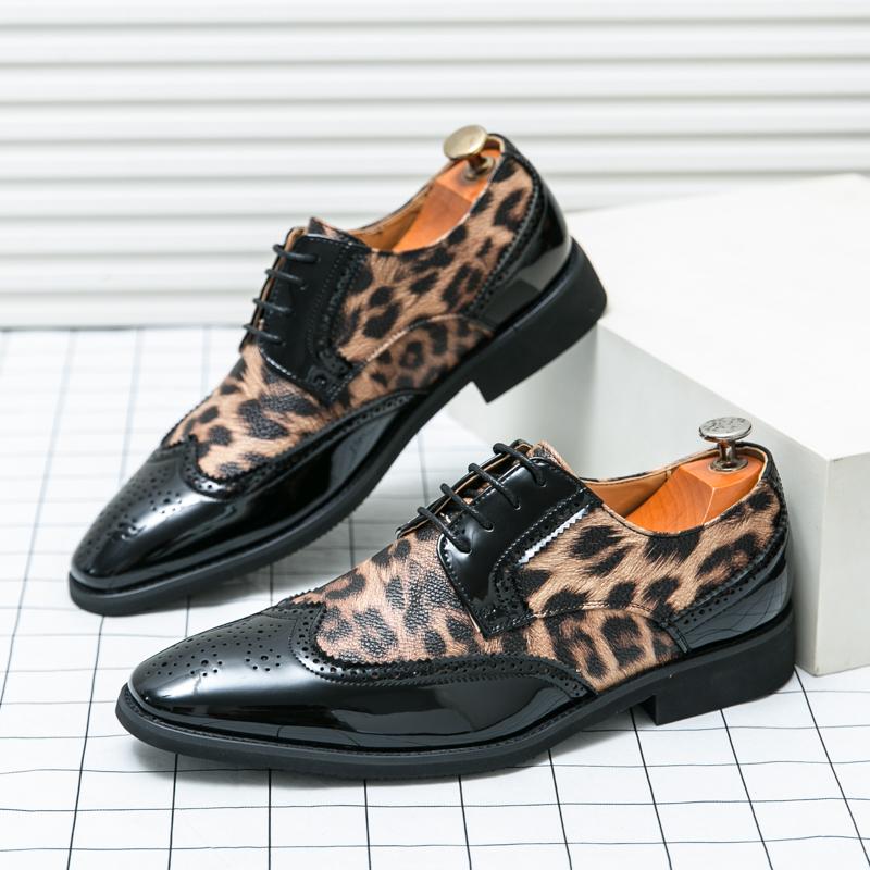 Men Big Size Leopard Print Formal Lace-Up Brogue Shoes Wedding Groom Business Dress Shoes Comfortable Leather Wedding Party Shoe