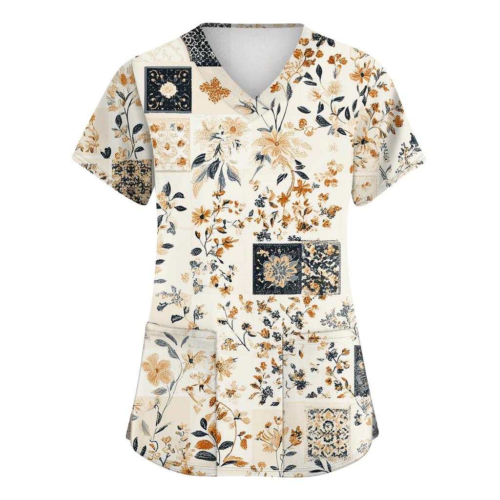 Women's Fashion V-neck Short Sleeve Workwear With Pockets Printed Tops