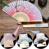 Chinese Japanese Flower Print Folding Silk Bamboo Fan Ornament Art Craft Gift Wedding Dance Performance Hand Fan