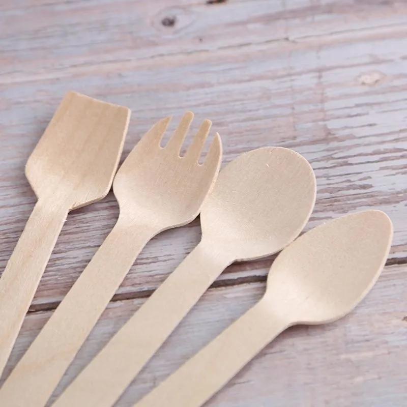100Pcs Disposable Mini Wooden Spoon Fruit Dessert Forks Spoons Ice Cream Spoon Western Wedding Party Tableware Kitchen Accessory