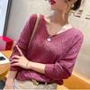Women's Thin Spring Loose Bat Shirt Short Top V-neck Hook Flower Hollow Knitted Sweate Crocheted Hollow Knitted Three-quarter Sleeve Blouse