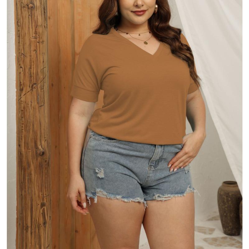 BITCED Летний женский свободный топ большого размера с V-образным вырезом и коротким рукавом