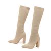 Liyke Green Women Cozy Knitting Stretch Fabric Knee High Boots Fashion Square Heels Autumn Winter Sock Long Shoes Booties Female