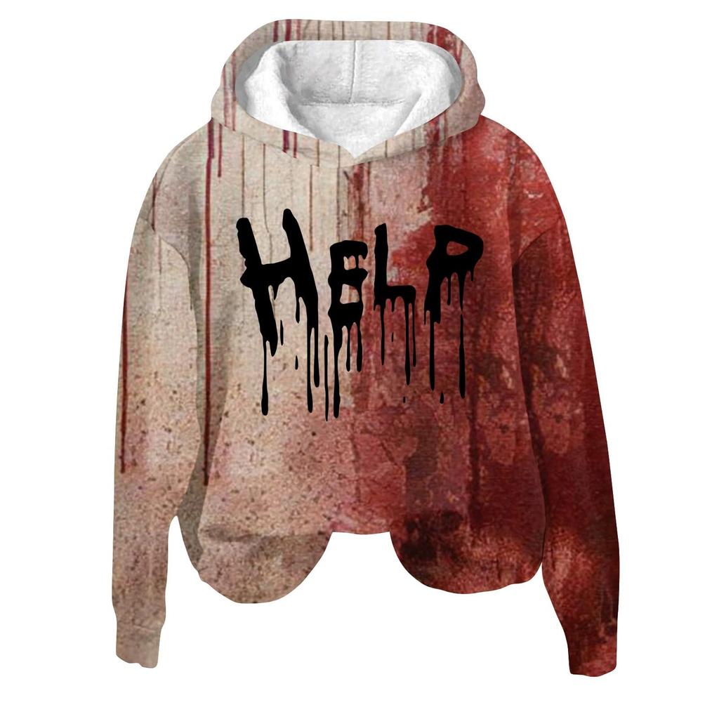 Women's 3D Bloody Letters Printed Long Sleeved Loose Hooded Sweatshirt New Halloween Ladies Casual Long Sleeved Pullover