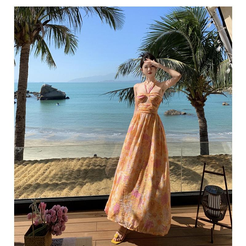 Ladies Summer Seaside Holiday Printed Chiffon Backless Halter Dresses