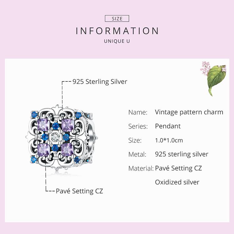 BAMOER стерлингового серебра 925 пробы с винтажным узором, подвески, изысканный блестящий цирконий, подходит для оригинального браслета, ювелирные изделия