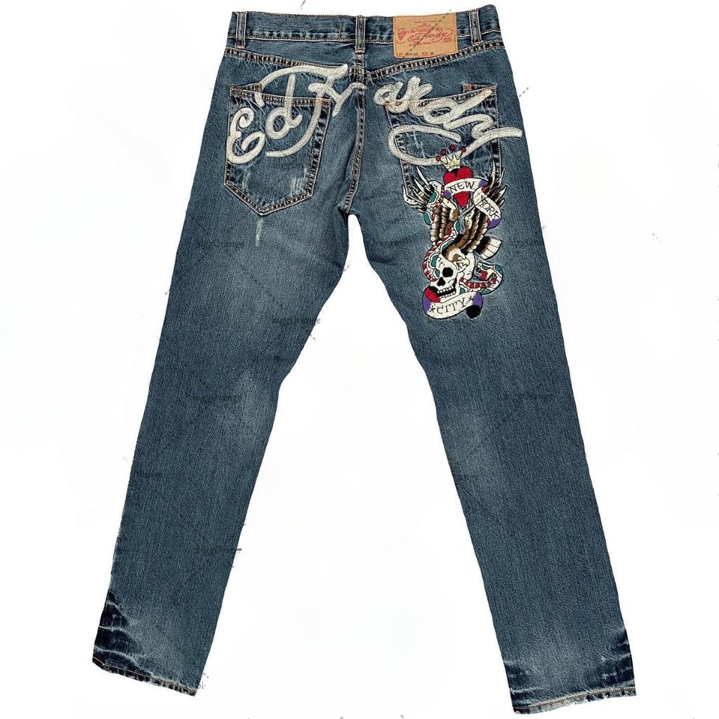 Мужские джинсы Ed Hardy с высокой посадкой, уличного стиля, с вышитой графикой и ретро хип-хоп дизайном