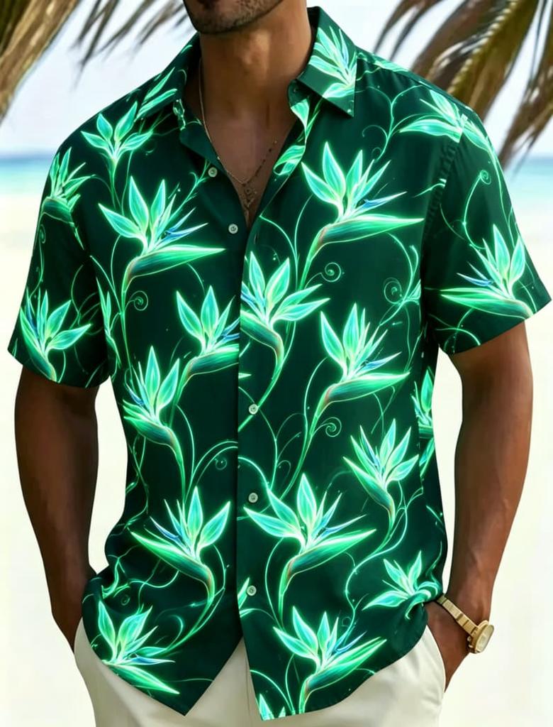 Men's Neon Tropical Floral Print Casual shirt, Personalized Summer style, Suitable For Night travel, Pool Parties And Daily Wear