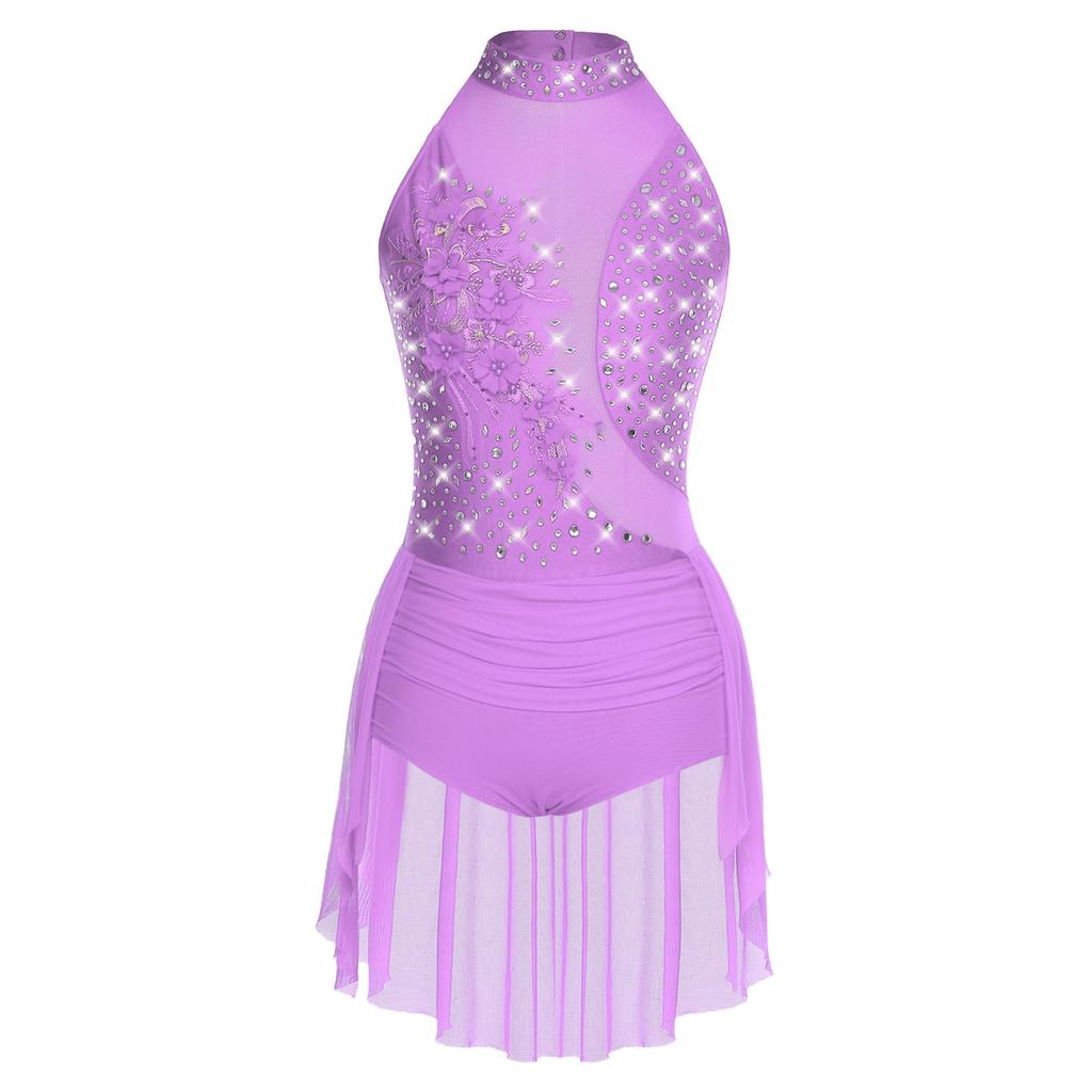 Womens Sparkly Latin Dance Wear Rhinestone Applique Sleeveless Back Hollow Skirted Leotard Gymnastics Bodysuit