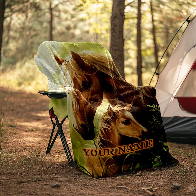 1PC Custom Name Horse Foal Nature outdooor Flannel blankets Patterns Throw Blanket All-Season Soft Gift for Couch, Bed, Camping gifts