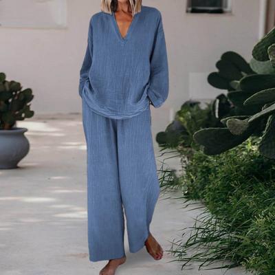 Женский свободный комплект из 2 предметов: топ с длинным рукавом и V-образным вырезом, широкие брюки с карманами, повседневная домашняя одежда, спортивный костюм