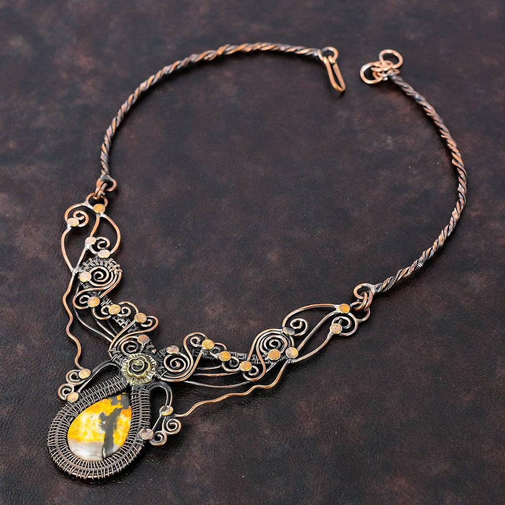 Ожерелье из яшмы шмеля, ожерелье из медной проволоки, регулируемое ожерелье, приличное ожерелье ручной работы, драгоценные камни, медные украшения, подарок для матери