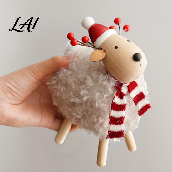 Wooden Lamb Ornaments Christmas Sheep Figurine with Scarf Santa Hat Plush Fleece Versatile Wood Art Pieces Tabletop Ornament Rustic Holiday Desktop