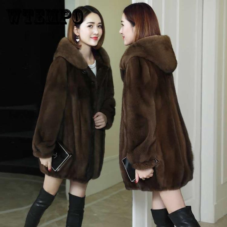 Autumn and Winter Faux Mink Fur Coat, Women's Hooded Mid To Long Fur Coat, Korean Version Mink Fur Coat