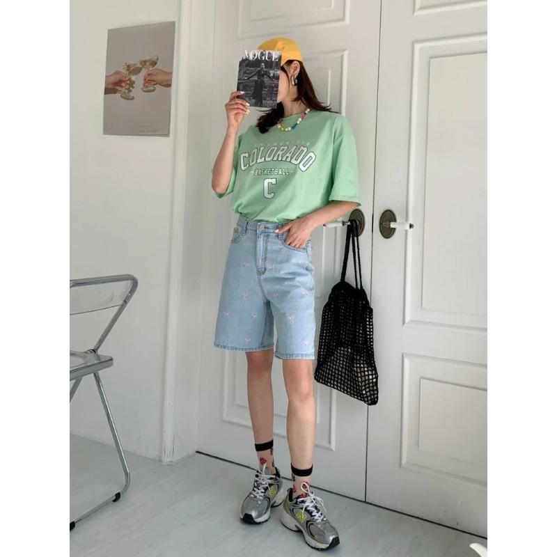 Fashion Retro Bow Large Size Loose Denim Shorts Women Casual Vintage Summer Wide Leg Pant Female Button High Waist Short Streetwear Jeans