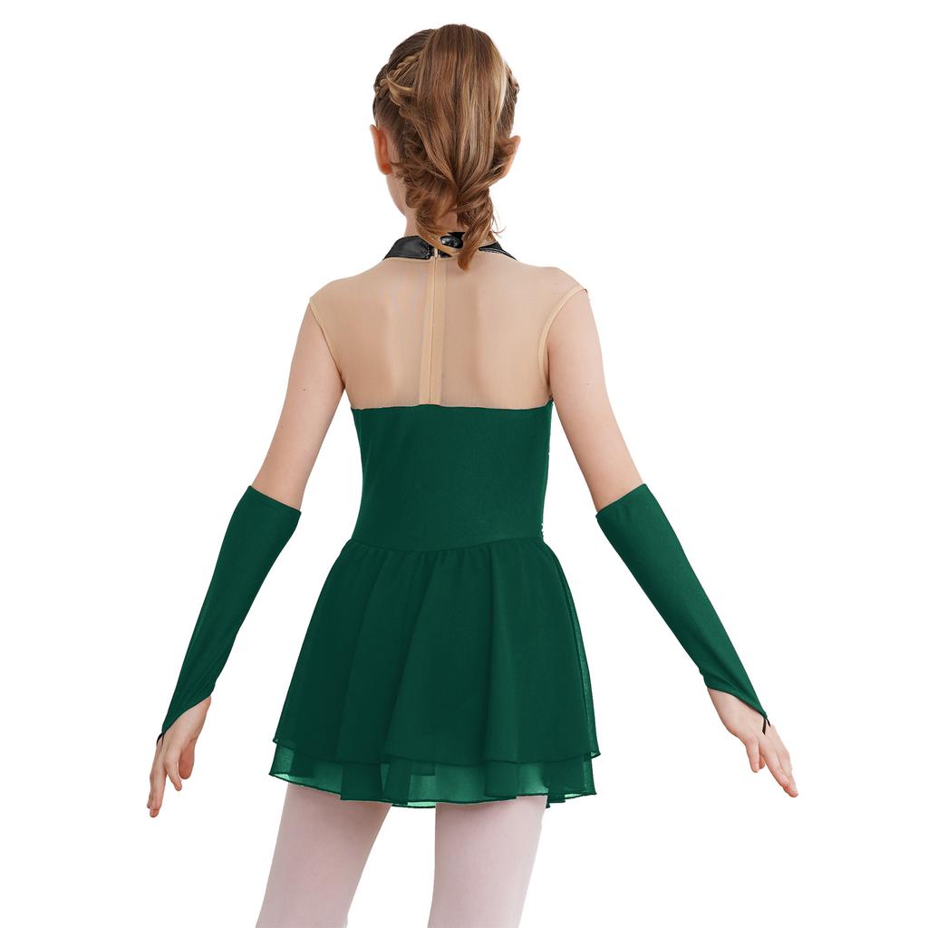 Girls Sparkling Skating Dress Sleeveless Patchwork One Piece with Fingerless Gloves Built In Briefs Performance Costume