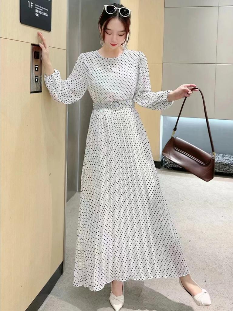 Новое женское длинное платье с длинным рукавом и поясом, элегантное шифоновое платье в винтажном стиле с плиссировкой и большим подолом высокого качества