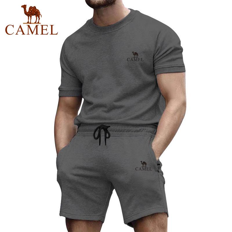Camel Short Sleeved Men's Summer Casual Fashion Solid Color Two-piece Sports Suit Trendy Quarter Pants