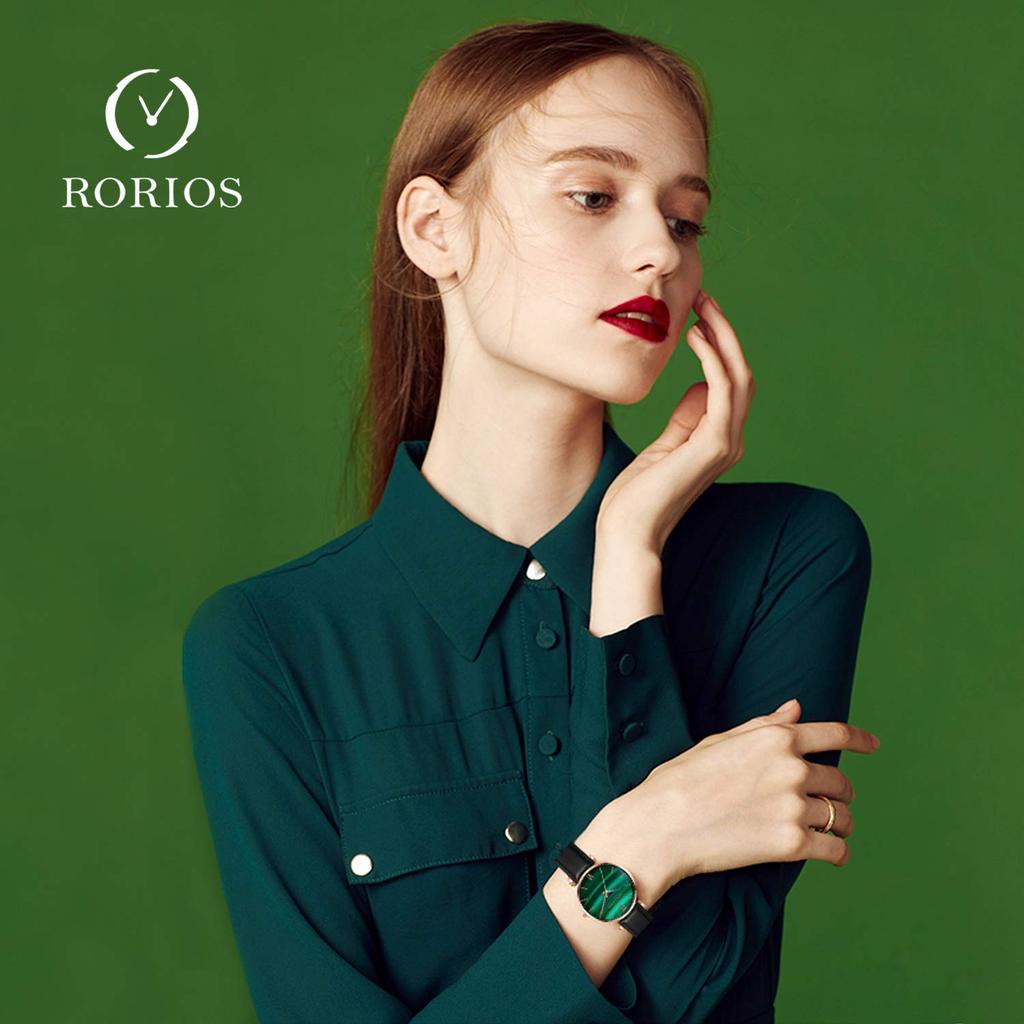 Часы RORIOS, изготовленные в Японии, кварцевые, малахитовые, циферблат цвета малахита, водонепроницаемые, аналоговые, повседневные, из нержавеющей стали, кожаный ремешок, стильные, для поездок в школу