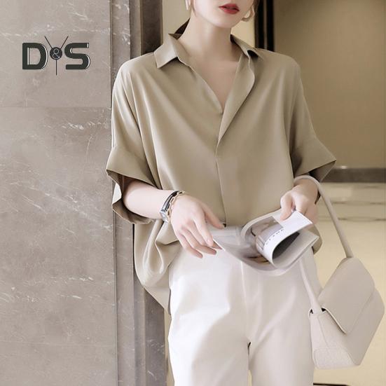 Женская летняя рубашка с лацканами и коротким рукавом, однотонный пуловер, свободный крой, тонкая офисная женская рубашка, рабочая одежда