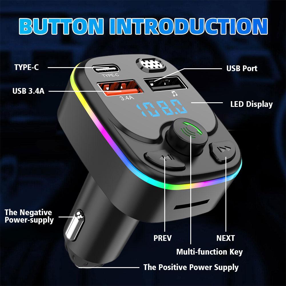 Автомобильный Bluetooth 5.0 FM-передатчик PD Type-C Dual USB 3.1A Быстрое зарядное устройство Цветной окружающий свет Громкая связь MP3-модулятор плеер