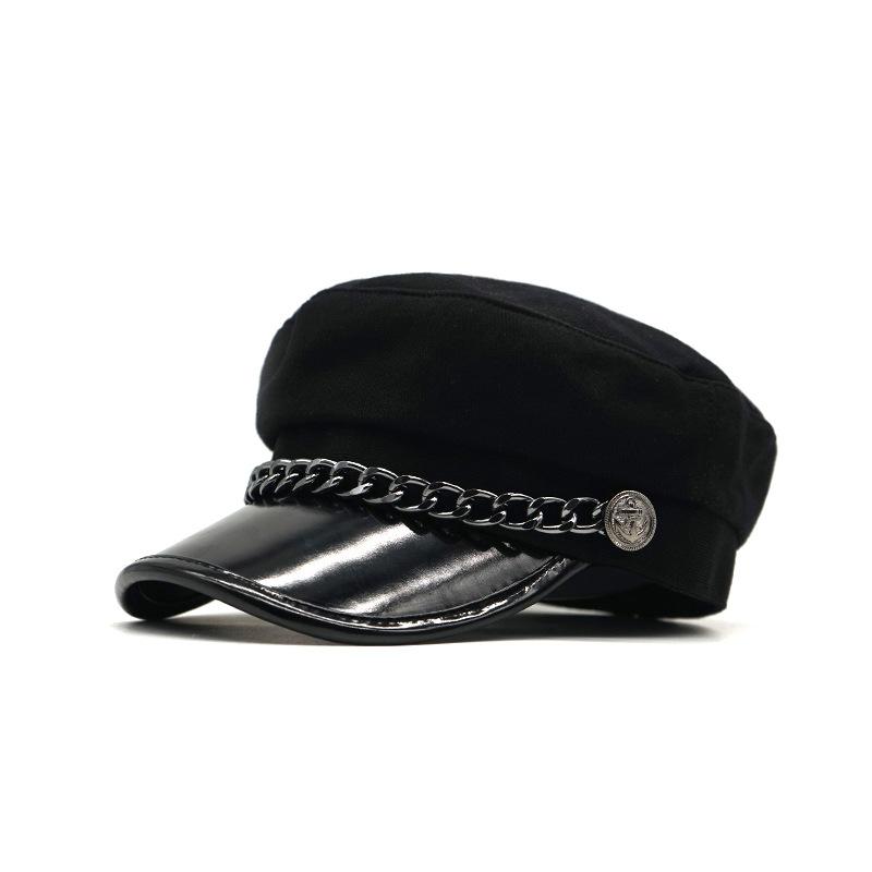 Gold Chain Iron Buckle Big Brim Military Hat Fashion Couple Versatile Black Cap Personality Thin Internet Celebrity Hat
