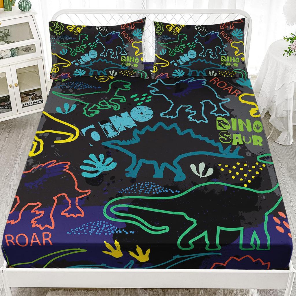 Многоцветный мультяшный узор с динозаврами, шапка на кровать из трех частей, цифровая печать, милый узор, постельный комплект
