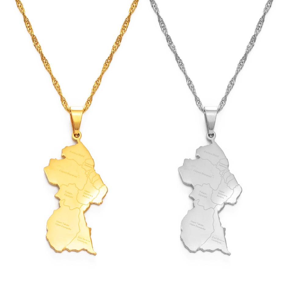 Anniyo Guyana Map City Pendant Necklace Women Girls Silver Color/Gold Color Guayana Jewelry Republic of Guyana @155421
