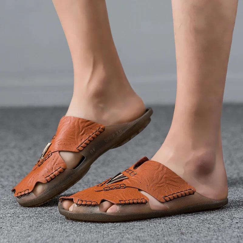 Новые кожаные тапочки мужские домашние тапочки для дома классическая обувь для дома повседневные шлепанцы кожаные сандалии Zapatos Hombre