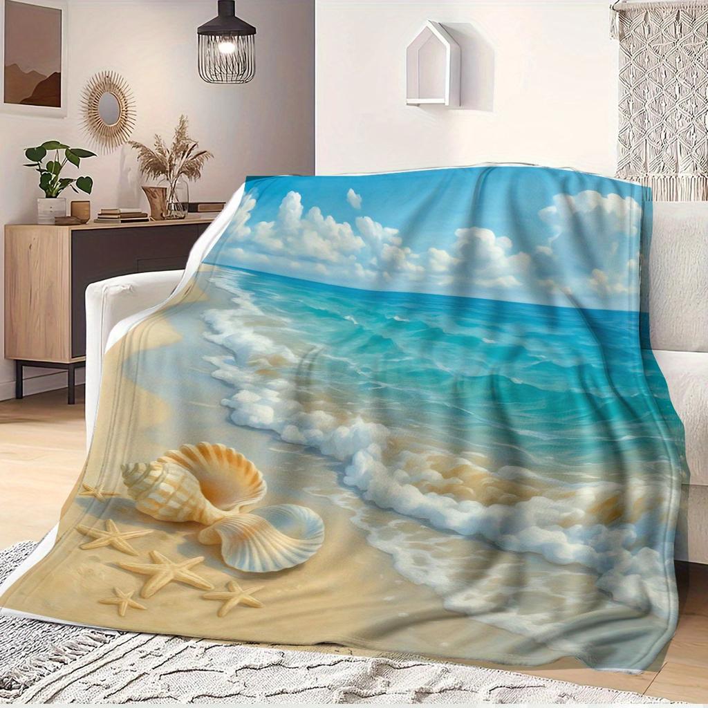 1pc Healing Beach Shell Landscape Blanket Printed Blanket Home Decoration Blanket Soft Skin-friendly Coverlet Warm, Comfortable and Soft Mac