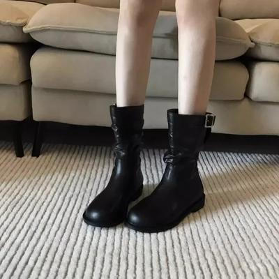 Женская обувь Высокое качество Слипоны Женские ботинки Модные с ремешком и пряжкой Современные ботинки Женские Новые Круглый носок Ботинки до середины икры