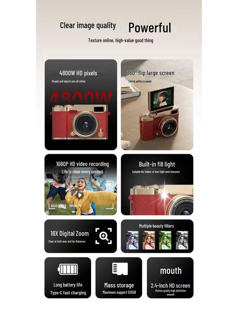 HD Цифровая флип-камера для студентов - Ретро-стиль, Начальный уровень