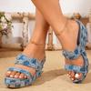 British Vintage Blue Denim Sandals Women Chunky Platform Wedge Heels Slip One Summer Shoes Woman High Heeled Slippers Slides