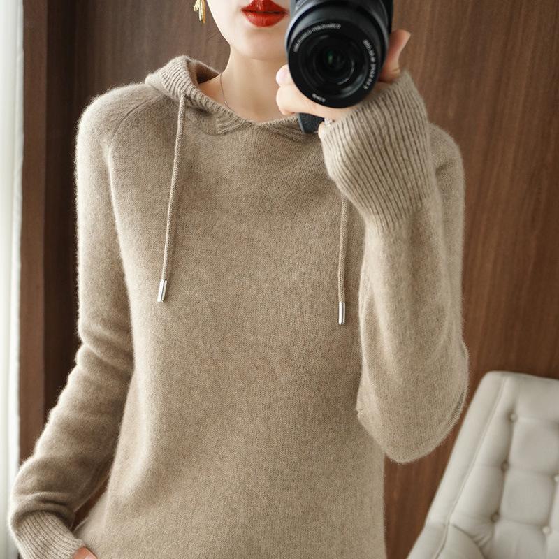 Autumn Winter Korean Ladies Hooded Long Sleeve Knitted Sweater Outerwear Zipper Solid Color Women's Fashion Top