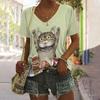 Summer Casual Cute Cat Female Commuting Elegant V-neck Short Sleeved Shirt T-Shirts Women’s 3D Top