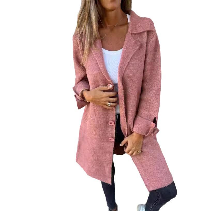 Women's Solid Color Turn-Down Collar Mid-Length Cardigan Coat with Pockets (Single-Breasted) - 2024 Autumn/Winter Collection