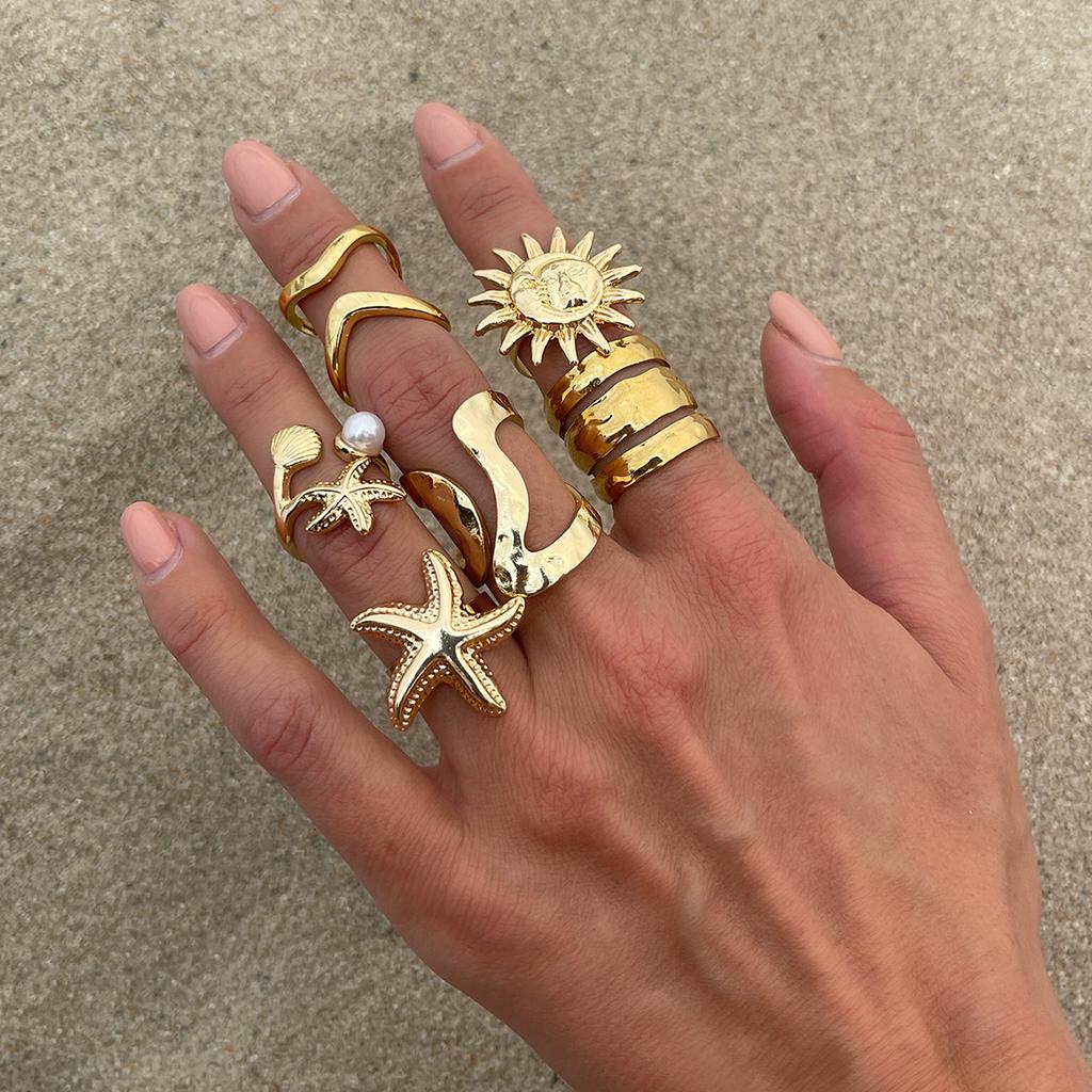 Alloy ring set, European and American new ocean style accessories, women's niche design sense, sun starfish ring