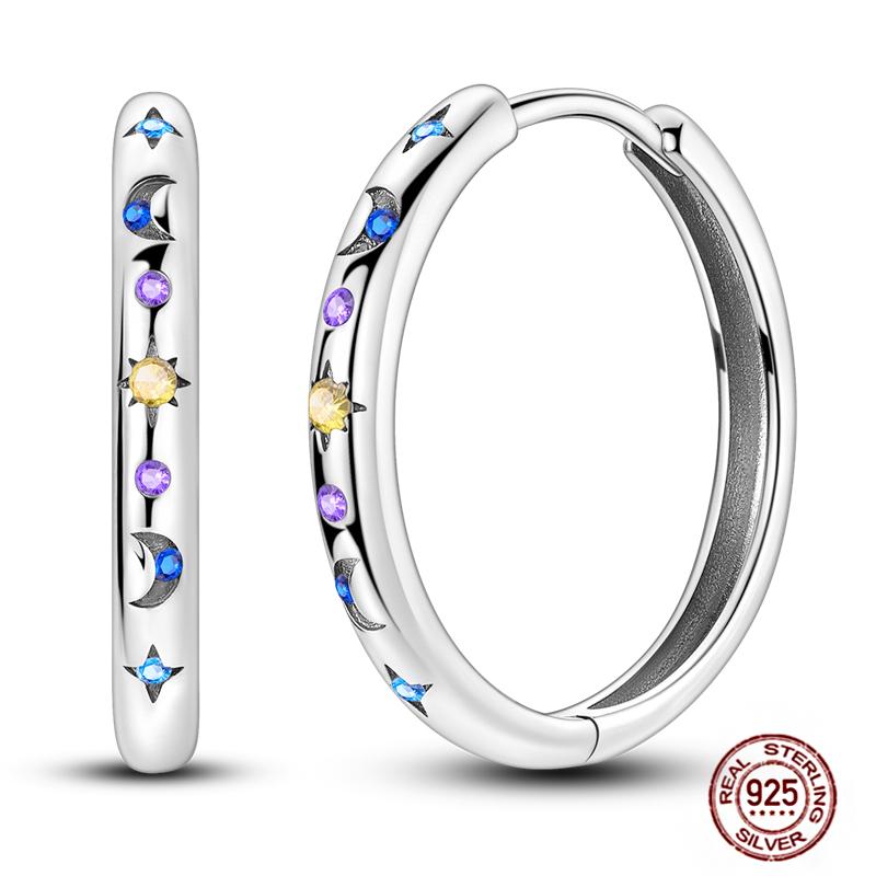 Sparkling Women Hoop Earrings 925 Copper Heart Shape Star Moon Round Blue Zircon Fit Origina Drop Earrings Zircon Holiday Gifts
