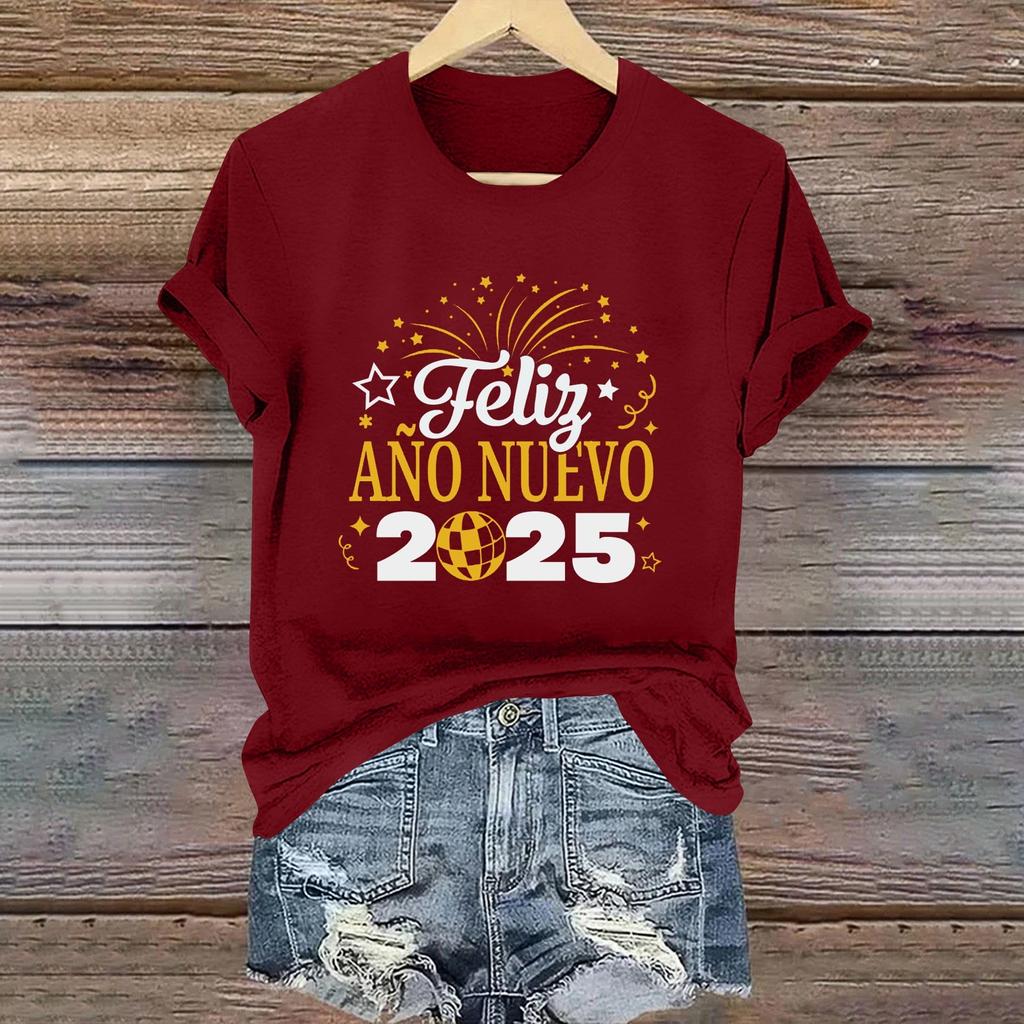 Women's Long Sleeve Round Neck T-Shirts 2025 New Year Print Puff Sleeve Shirts Button Blouses Tops