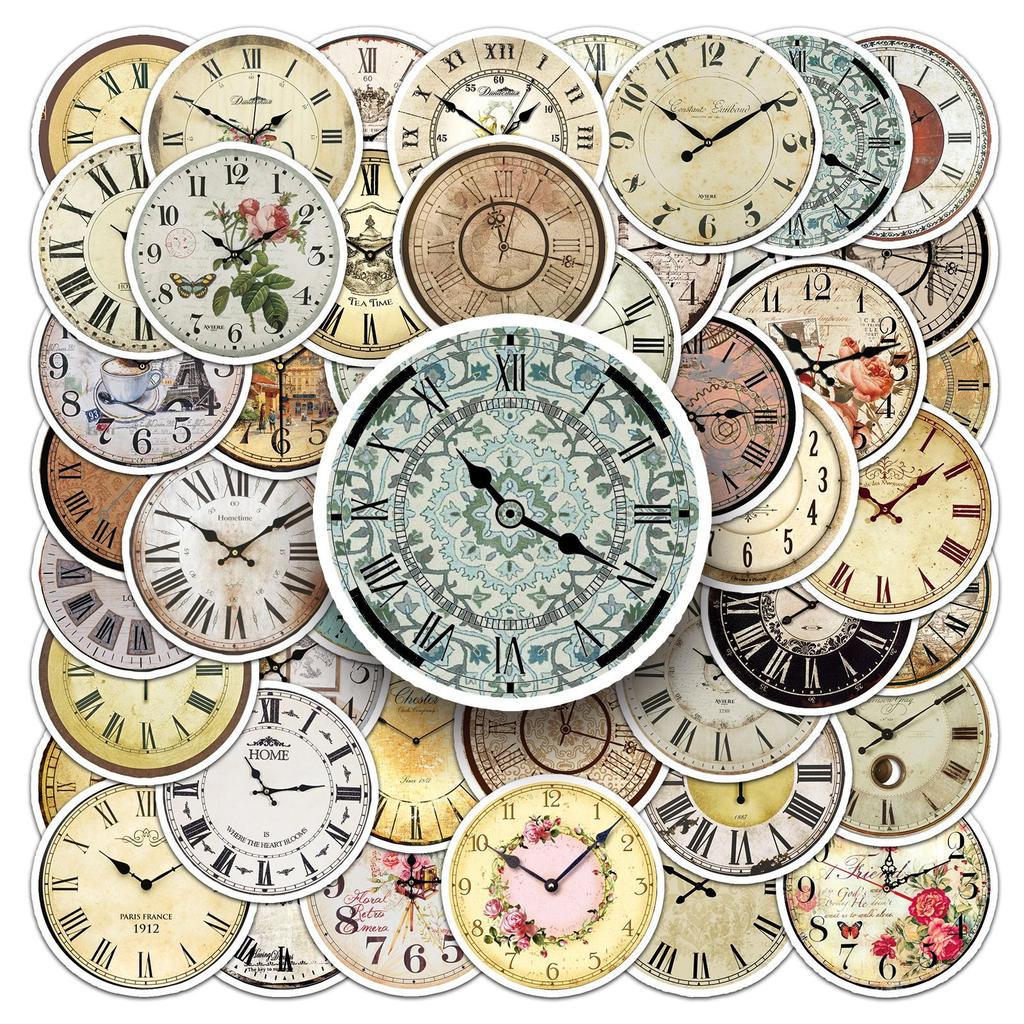 50 Nostalgic Clocks and Doodles Personalized Creative Retro Guka Decorative Mobile Phone Case Suitcase Stickers Waterproof