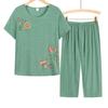 2 Pcs/Set Mother Pajamas Set Flower Print Short Sleeves Round Neck Loose Pullover Sleeping Elastic Waist