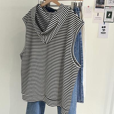 Женская полосатая толстовка без рукавов с капюшоном, новая американская свободная многослойная толстовка-жилет на весну и осень