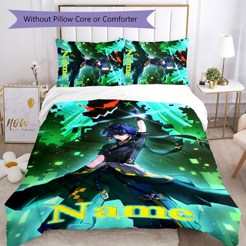 3pcs Custom Name Genshin Impact characters Bedding Set Duvet Cover Closure Includes 1 Duvet Cover & 2 Pillowcases for All Seasons Bedroom Decor