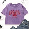 New York Brooklyn Art Letterprinting Women Washed T Shirt Summer Y2K T-Shirts Crewneck Short Sleeve Street Cotton Tops