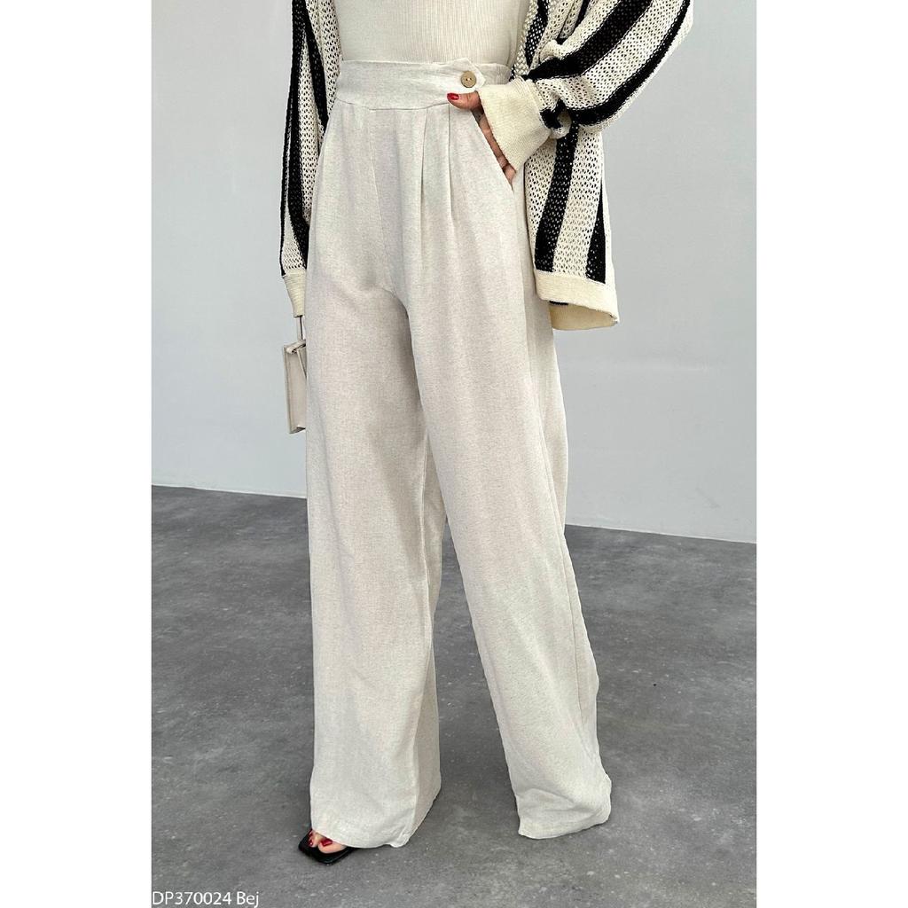 Female Beige Double Button Detailed Waist Tire Linen Palazzo Pants
