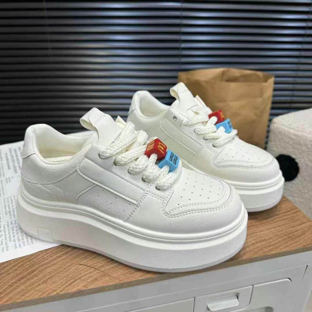 Muffin Thick-soled Heightening Little White Shoes 2025 Spring New Leather Casual Sports Board Shoes 5cm Ink-absorbing Jelly Sole
