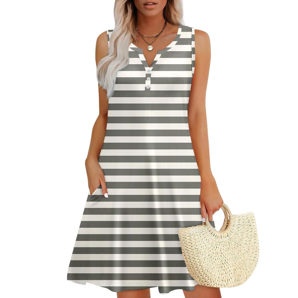 Женские летние платья Свободные сарафаны без рукавов с V-образным вырезом Платье с карманами