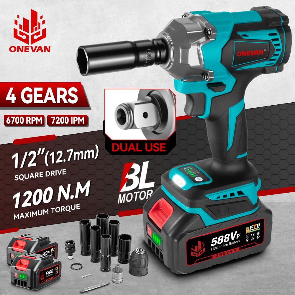 ONEVAN 1200 Н.М. Бесщеточный электрический ударный гайковерт с 3 функциями, 1/2-дюймовая аккумуляторная отвертка, электрическая дрель для аккумулятора Makita 18 В