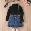 Girls' Fashion Set, Summer Children's Casual Solid-color Long-sleeved Top, Denim Pleated Skirt Set