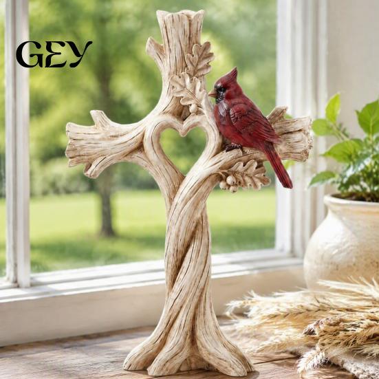 Nature Inspired Home Accents Red Bird Heart Tree Ornament, Memorial Resin Figurine, Rustic Statue for Living Room Carved Wood Look Spiritual